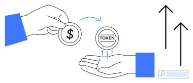 Jeton, yukarı çıkan oklar ve arama çubuğuyla el değiştiriyoruz. Finans, kripto para birimi, ticaret, yenilik, blok zinciri, yatırım sade iniş sayfası için ideal