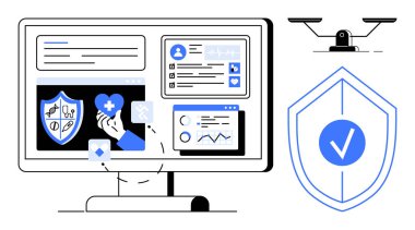 Sağlık verileri, kalkan simgeleri, analitik ve güvenlik kamerası dengeleme ölçeğinde bilgisayar ekranı. Siber güvenlik, sağlık, veri analizi, teletıp, sigorta teknolojisi için ideal