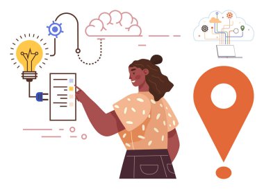 Yaratıcılık simgeleriyle çevrili bir listeyi işaret eden kadın bir ampul, bulut ve dizüstü bilgisayarı onayladı. Yenilik, analiz, takım çalışması, problem çözme, tasarım eğitimi için ideal. Basit.