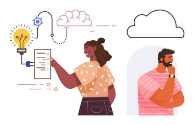 Kadın bir ampul, bulut ve dişli adamın bulutun yanında düşündüğü görev listesine işaret ediyor. Takım çalışması, iş akışı, yaratıcılık, strateji, yenilik, problem çözme planı için ideal