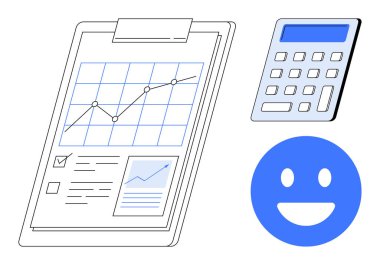 Veri noktaları, hesap makinesi ve mavi gülen yüzlü dosya. Finans, veri analizi, iş büyümesi, hesaplama, performans takibi, basit iniş sayfası için ideal