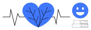 Dal damarlı mavi kalp, nabız çizgisi, neşeli yüz ve kitaplar. Sağlık, mutluluk, sağlık, eğitim, kendi kendine bakım zihinsel sağlık için ideal. Basit bir iniş sayfası.