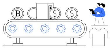 Taşıyıcı banttaki bozuk paralar ve dişliler tabletli biri tarafından analiz edilip, mala dönüştürülüyor. Teknoloji, otomasyon, kripto para birimi, e-ticaret, üretim, basit üretim için ideal