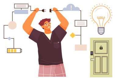 Adam, ampul, akış şeması, pil ve kilitli kapılar ile çevrili bir devreye bağlanıyor. Yenilik, yaratıcılık, teknoloji, problem çözme, takım çalışması stratejisi için ideal basit düz metafor