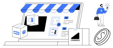 Mağaza vitrinli dizüstü bilgisayar ekranı, ürün kutuları, alışveriş ikonları ve elinde ampul tutan iş adamı. Çevrimiçi iş, alışveriş, pazarlama, yenilik, perakende satış için ideal basit bir daire