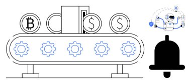 Taşıyıcı bant, Bitcoin ve dolar paralarını vites üzerinde hareket ettiriyor, otomasyonu sembolize ediyor. Yapay zeka etkinleştirilmiş robot ve uyarı simgesi içerir. Teknoloji, finans, kripto para birimi, otomasyon, yapay zeka ve finans teknolojisi için ideal.