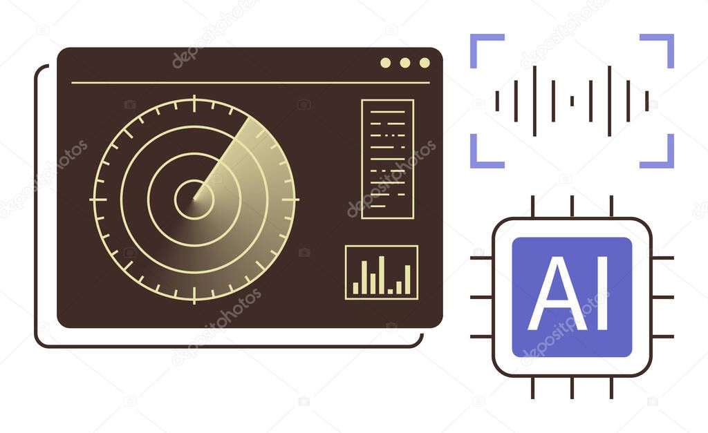 Radar interface detecting objects, AI processor chip, and sound wave graphic. Ideal for technology, AI, data science, software, robotics machine learning innovation. Simple flat metaphor stock vector