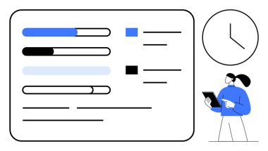 İlerleme çubukları, onay kutusu seçenekleri ve metni olan düzenli gösterge paneli. Saat zaman yönetimini sembolize eder. Görev takibi için tablet tutan kadın. Üretkenlik, iş akışı, zaman yönetimi için ideal