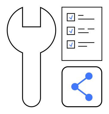 Araçları gösteren anahtarlar, tamamlanmış görevleri olan kontrol listesi ve paylaşım ve ağ oluşturmayı temsil eden bağlantı simgesi. Görev tamamlama, üretkenlik, işbirliği, bakım ve planlama için ideal