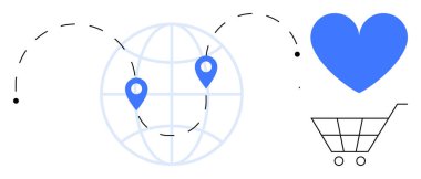 Harita iğneli bir dünya, büyük bir kalp, alışveriş arabası ve kıvrımlı çizgiler. E-ticaret, lojistik, sürdürülebilirlik, küresel bağlantı, çevrimiçi alışveriş dağıtım hizmetleri için ideal basit iniş sayfası