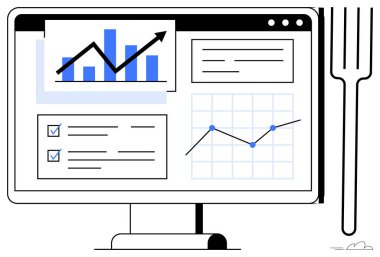 Bilgisayar monitörü bar ve çizgi grafiklerini, kontrol listesini ve çeşitli grafikleri gösteriyor. Analiz, iş büyümesi, performans, istatistik, veri görselleştirme için ideal, teknoloji sade düz metafor