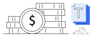 Dolar işareti, metin belgesi simgeleri ve geometrik şekillere sahip bozuk para yığınları mali büyüme, zenginlik yönetimi ve veri analizini akla getiriyor. Finans, tasarruf, iş stratejisi ve basit