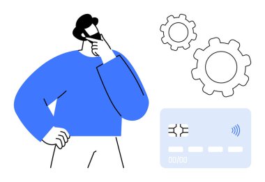 Vitesli ve banka kartsız düşünen bir adam. Fintech, problem çözme, yenilik, e-ticaret, bankacılık, dijital dönüşüm, basit iniş sayfası için ideal