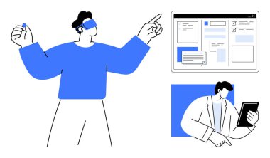 Arayüzü işaret eden VR teknolojisi kullanan bir kişi, dijital tablet tutan başka bir kişi. Takım çalışması, yenilik, gelecek teknolojisi, uzak çalışma, eğitim, tasarım, teknoloji yaratıcılığı için ideal