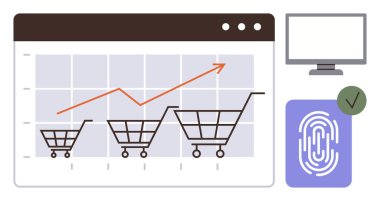Artan bir ok, parmak izi doğrulaması, güvenlik kontrol ikonu ve dijital monitör olan bir grafikte alışveriş arabalarının boyutları artıyor. E-ticaret, büyüme, güvenlik, teknoloji ve veri için ideal