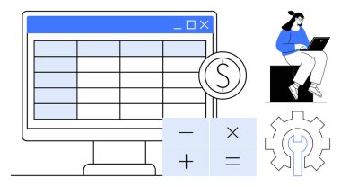 Hesap tablosu, dolar işareti, hesap makinesi düğmeleri, dişli simgesi ve dizüstü bilgisayar kullanan bir kadın. Maliye, hesaplar, bütçe, analitik üretkenlik stratejisi ve hesaplama için ideal