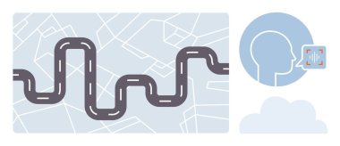 Ses tanıma özelliğine sahip bir profil tarafından tamamlanan bir harita arkaplanı üzerinde kıvrımlı yol. Navigasyon, iletişim, veri güvenliği, yapay zeka, teknoloji, seyahat, soyut problem çözme için ideal. Basit düz