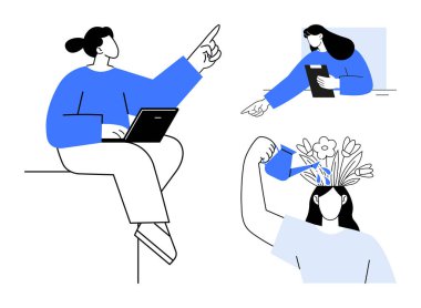 Bilgisayarı işaret eden kişi, tablet jestli bir birey ve kafasında çiçekleri sulayan bir figür. Yaratıcılık, büyüme, takım çalışması, eğitim, yenilik, kendini geliştirme için ideal basit