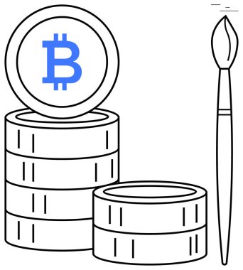 Bitcoin para yığını, yaratıcılığı simgeleyen boya fırçasıyla birlikte kripto para ve finans birimini sembolize ediyor. Engelleme zinciri, dijital sanat, fintech, yenilik, yatırım, teknoloji ve basit için ideal