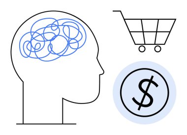 Zihinsel süreçleri gösteren, beyninde karmaşık çizgiler olan kafa hatları. Bitişik alışveriş arabası ve dolar işareti tüketici davranışını, karar verme mekanizmasını, pazar eğilimlerini veya bütçe düzenlemesini ifade eder. İdeal