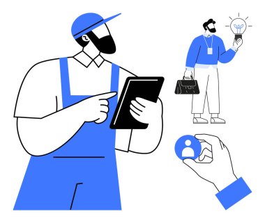 Tablet kullanan işçi, evrak çantası ve ampul tutan iş adamı, profil ikonu seçen kişi. Takım çalışması, yenilik, işe alım, karar verme, teknoloji, iş fikirleri için idealdir.