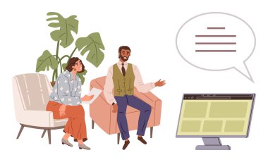 Bir adam ve kadın modern bir ortamda oturmuş bilgisayar monitörü ve düşünce baloncuğuyla fikirleri tartışıyorlardı. Takım çalışması, beyin fırtınası, işbirliği, iletişim, uzaktan çalışma, danışma için ideal