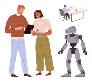 İki meslektaş bir dosya üzerinde çalışıyor, robotik tasarım odaklı, masadaki uzak kişi. Takım çalışması için ideal, yapay zeka yeniliği, gelecekteki teknoloji, araştırma, beyin fırtınası, basit mühendislik teknikleri