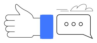 Üç nokta ve hareket çizgilerinin yer aldığı bir sohbet baloncuğunun yanında büyük bir jest. İletişim için ideal, pozitif etkileşim, destek, dijital geri bildirim, mesajlaşma, tatmin, takım çalışması. Temiz