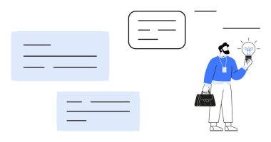 Elinde evrak çantası olan bir iş adamı ve parlayan ampul yeni bir fikri simgeliyor. Konuşma baloncukları havada uçuşuyor, iletişimi ve beyin fırtınasını vurguluyor. Yaratıcılık, yenilik ve takım çalışması için ideal