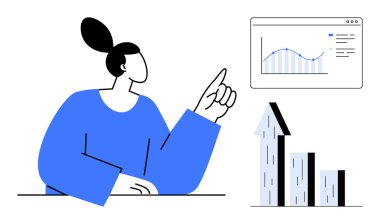 Kadın figürü analitik ekrana büyüme grafiğiyle bakıyor, çubuk grafiği. Veri görselleştirme, iş büyümesi, analitik, eğitim, başlangıç başarısı, strateji planlaması, basit iniş sayfası için ideal