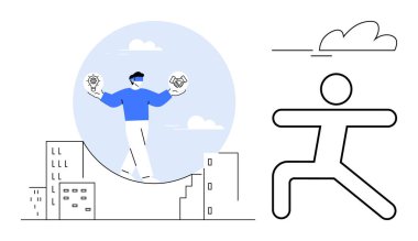 Kavisli yüzeyde yürüyen kişi ampul ve tokalaşma ikonları tutuyor, modern binalar ve soyut figürlerle çevrili. Yenilik için ideal, takım çalışması, denge, yaratıcılık, büyüme, kentsel