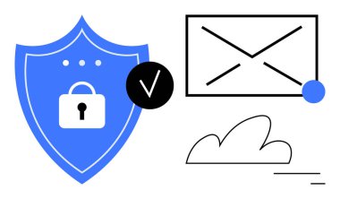 Kilitli kalkan, doğrulanmış kene, e-posta simgesi ve bulut ana hatları güvenliği, gizliliği, veri korumasını, e-posta doğrulamasını, bulut bağlantısına güvenilirliği temsil eder. Siber güvenlik dijital için ideal