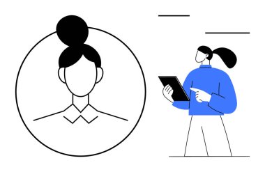 Bun saç stili olan taslak avatar, tablet tutan profesyonel kadın, modern şekiller. Profil yönetimi, takım oluşturma, kişisel markalaşma, adam toplama, insan kaynakları, dijital öğrenme için ideal