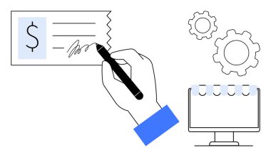 İşlemi ve masaüstü ekranını sembolize eden vitesler eşliğinde el imzalı ödeme belgesi. İş, ödeme sistemleri, e-ticaret, üretkenlik, teknoloji, yönetim, basit iniş sayfası için ideal
