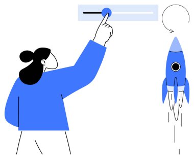 Bir kadın mavi roketi kontrol eden sürgülü bir roketle etkileşime girer. Yenilik, girişimler, teknoloji, ilerleme, kontrol, iş büyümesi ve arzu için idealdir. En basit düz metafor