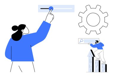 Arama çubuğu kullanan kişi, ayarlar için vites sembolü, gökdelende arama simgesi olan kişi. Teknoloji, büyüme, dijital yenilik, kullanıcı etkileşimi, optimizasyon takım çalışması için ideal. A