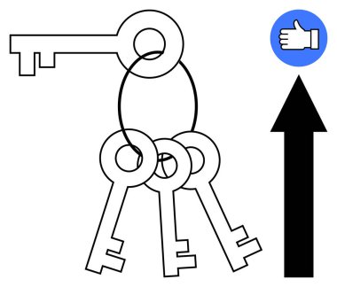 Metal bir yüzükteki anahtarlar, başparmak kaldırma simgesi ve yukarı doğru ok başarıyı, ilerlemeyi ve pozitifliği simgeliyor. Başarı, başarı, güç ve motivasyon için idealdir. Kişisel büyümeyi basitleştirmek için.