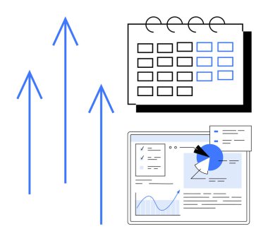 Vurgulanmış tarihler, yükselen oklar ve üretkenliği vurgulayan analitik panelli takvim. Zaman yönetimi, planlama, proje izleme, büyüme stratejisi, performans analizi, amaç