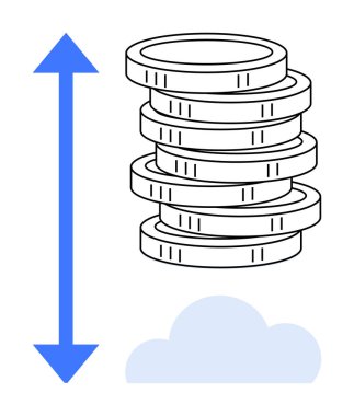 Yukarı doğru ok ve bulut yığınları finansal büyümeyi, potansiyeli ve ölçeklenebilirliği sembolize ediyor. Yatırım, ekonomi, zenginlik, başarı, tasarruf işi para yönetimi için idealdir. Basit düz