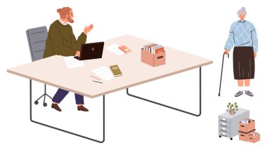 Masada çalışan bir işçi elinde baston tutan yaşlı bir ziyaretçiyle meşgul oluyor. Masanın dizüstü bilgisayarı, belgeleri, depolama kutuları var. İletişim, yaşlanma, yardım, işyeri, destek bağlantısı için ideal