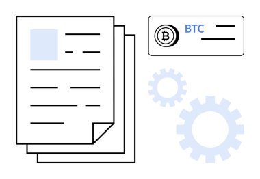 Bir yığın belge, Bitcoin işlem penceresi ve kripto para yönetimini temsil eden dişliler. Engelleme zinciri, dijital cüzdanlar, finans, fintech, teknoloji, veri güvenliği için ideal basit daire