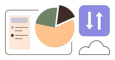 Turta tablosu, veri tablosu, yükleme ve indirmeyi temsil eden okları olan bulut simgesi. Veri analizi, bulut hesaplama, veri depolama, iş büyümesi, bilgi yönetimi, basit teknoloji için ideal