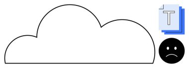 Bulut özeti, metin yığını, bulut depolama sorunlarını temsil eden üzgün yüz, veri yönetimi, belge aşırı yükleme, dijital stres, depolama endişeleri, basit bir iniş sayfası için ideal