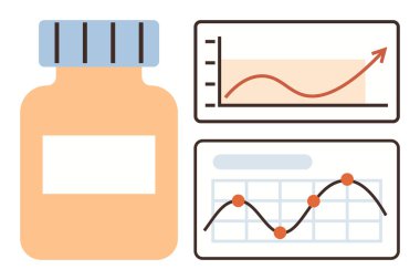 İlaç şişesi, yükselen grafiklerin yanında. Sağlık, analitik, ilaç araştırmaları, tıbbi ilerleme, veri büyümesi, uyuşturucu etkisi, iş başarısı için idealdir. Basit düz