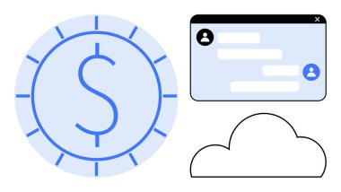 Dolar işareti madeni para, sohbet kutusu arayüzü ve bulut ana hatları finans, takım çalışması ve bulut depolamasını temsil ediyor. Fintech, iletişim araçları, uzaktan çalışma, dijital ödeme tasarruf işbirliği için ideal