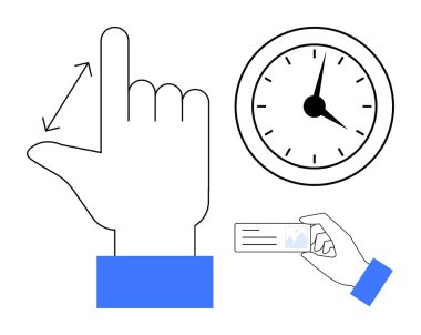 El ölçüsü, ok, analog saat ve el ele tutuşan kimlik kartı. Zaman yönetimi, zamanlama, kesinlik, kimlik doğrulama, kimlik doğrulama, işlem denetimi basit düz metafor