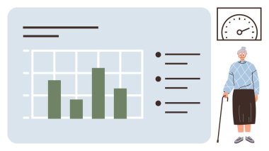Eksenli ve etiketli yeşil çizelge, hız göstergesi, baston tutan yaşlı kadın. Sağlık, yaşlanma, istatistik, analitik için idealdir. Kıdemli bakım nüfus bilgilerini rapor edin. Basit düz
