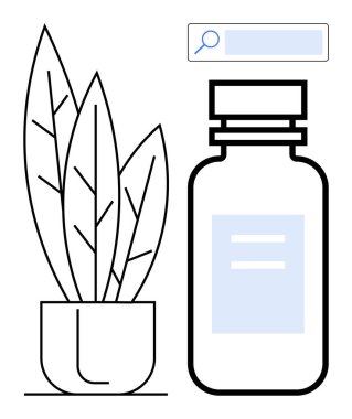 Bir destek şişesi ve arama barının yanında saksı bitkisi var. Sağlık, doğa, organik yaşam, sağlık tavsiyeleri, bitkisel ürünler, bütünsel bakım, basit iniş sayfası için ideal