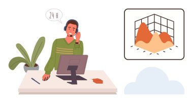 Masasında kulaklığı ve bilgisayarı olan destek ajanı, müşteriyle konuşuyor. Yakınlarda, 3D grafik veri incelemesi ve verimliliği temsil ediyor. Müşteri hizmetleri, veri analizi, takım çalışması, iletişim için ideal