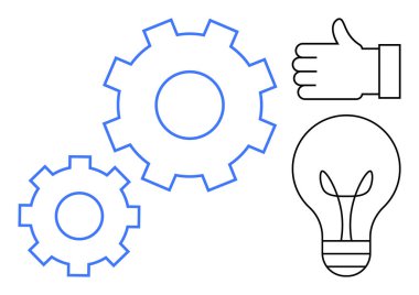Takım çalışması için birbirine kenetlenen dişliler, fikirler için ampul, onay ve başarı için başparmak. Yenilik için ideal, takım çalışması, üretkenlik, problem çözme, karar verme, yaratıcılık için basit iniş